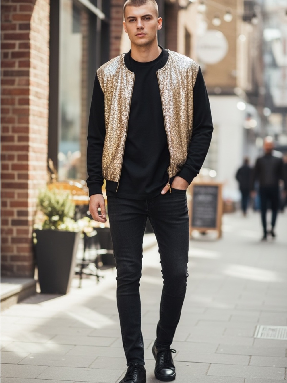 ASOS Gold Sequin Bomber Jacket with Black Trim
